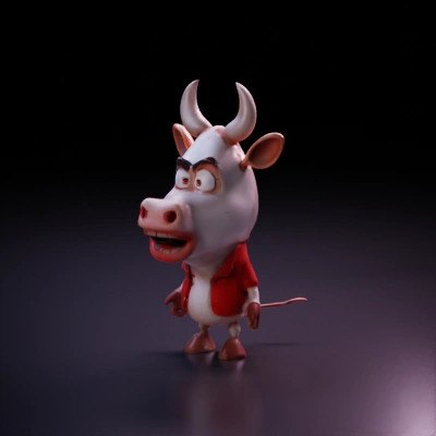 Anthropomorphic cow character, comical expression, wearing clothes.