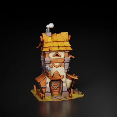 A small, whimsical stone tower house.