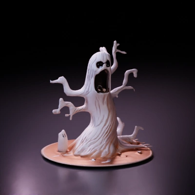 Scary cartoon ghostly tree with face, twisted limbs.