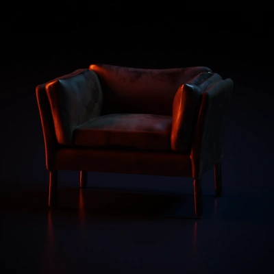 Comfortable worn, brown, leather armchair with wide seating.