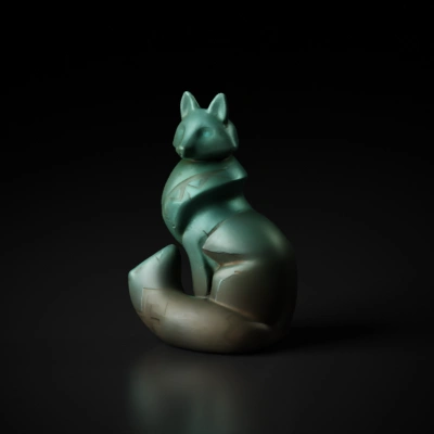 Stylized fox sculpture, tribal patterns.