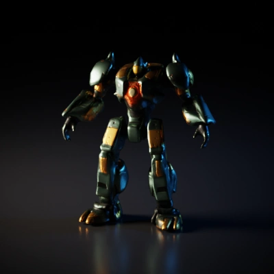 Giant battle-ready mech with laser weapons, four legs.