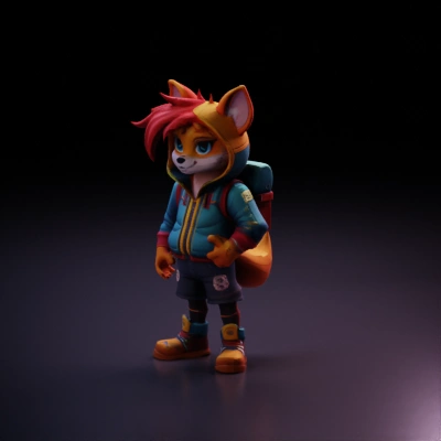 anthropomorphic fox in colorful attire.