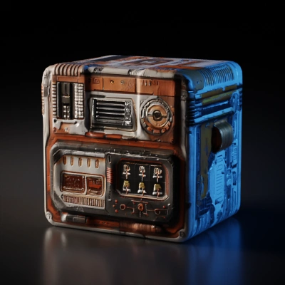 Intricate sci-fi control panel, mechanical, buttons, dials, wires.