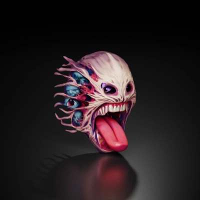 Monstrous, multi-faced creature with open mouth, eerie design.