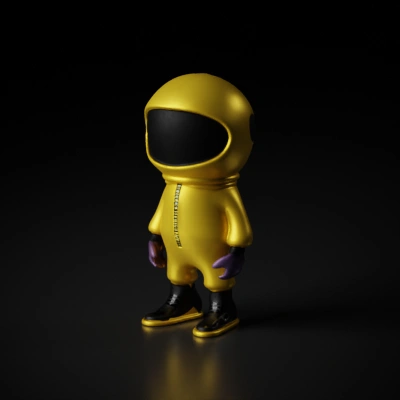 Astronaut in a spacesuit with visor, toy-like character.