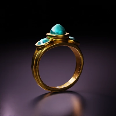 Gold ring with three large gemstones.