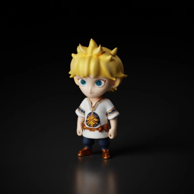Child figure in embroidered outfit, big eyes, blonde hair.