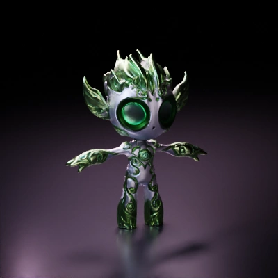 Fairy-like character with glowing eyes, nature-themed.