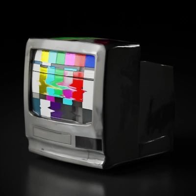CRT television with glitchy screen, nostalgic tech.