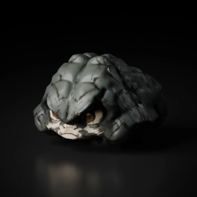 Stone creature with a stern expression, animated, cartoon character.