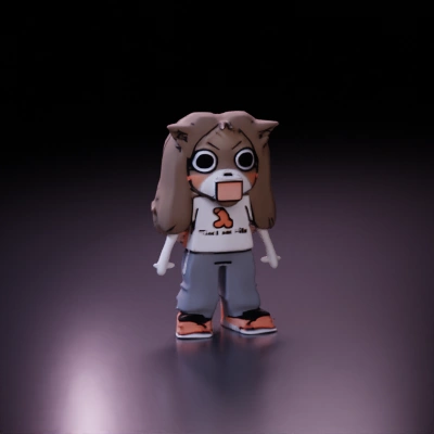 Cartoon humanoid animal character, wearing printed T-shirt and pants.