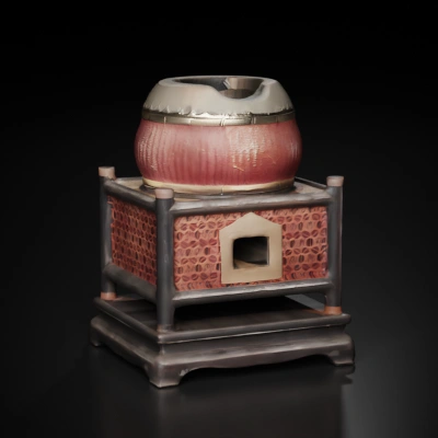 Traditional woven basket on ornate wooden pedestal, handcraft.