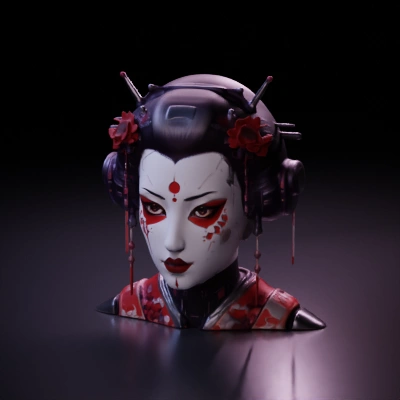 futuristic geisha with red face paint.