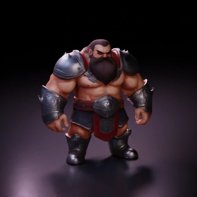 Bearded dwarf warrior in armor, muscular build.