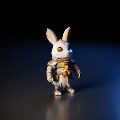 Anthropomorphic rabbit, equipped for adventure, character gear.