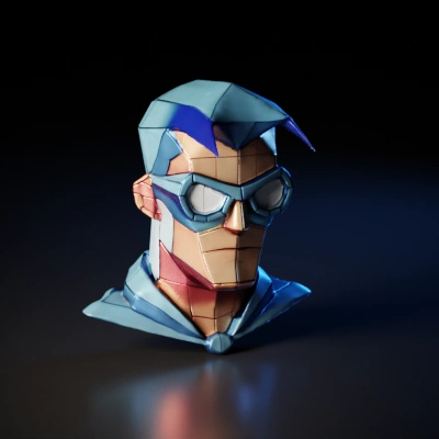 Low-poly superhero character with angular design.