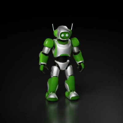 Compact humanoid robot with antennas.