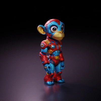 comic book, vivid color, cute, funny, stylized, full body, a character turnaround of an alien monkey robot in a space captains uniform, the same character in different views, front view, side view, back view