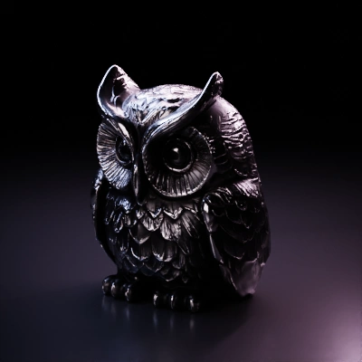 Metallic owl statue with large eyes. detailed, complex