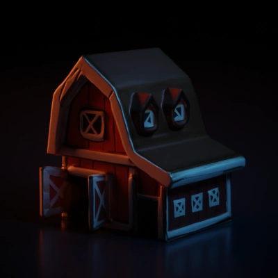Cartoonish barn house with detailed roof and doors.