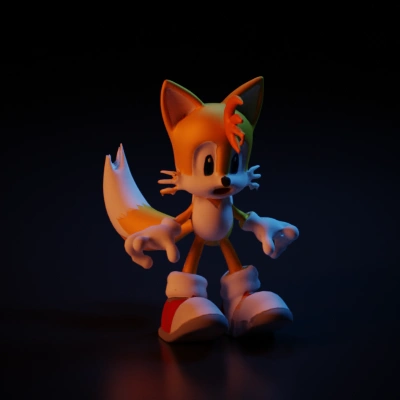 Fox-like character with two tails, cartoonish style.