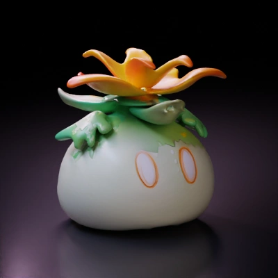 Humanoid plant creature with flower top, stylized, game asset.