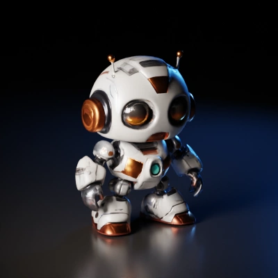 Small cute robot with large eyes, futuristic design.