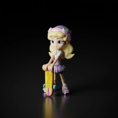 Skateboarding girl with blonde hair, wearing a purple hat.