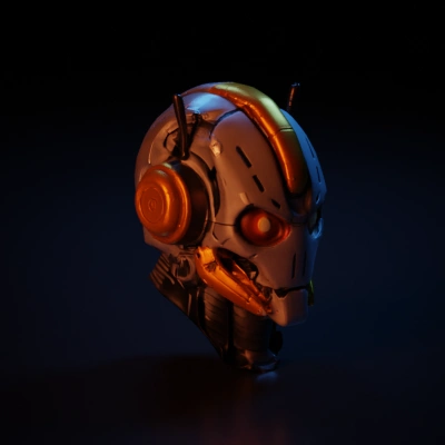 Futuristic robotic head with glowing eyes.