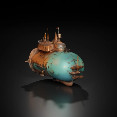 Steampunk-inspired airship, bulky design, reminiscent of zeppelins. giant vessel colorful ghibli flying armored airship with turrets guns cannons pulpits propellers steam, battleready, vibrant, (((cannons))), towers, wartime, in air, ghibli flying vessel, ((flying)), national battle warmachine, steam and propellers, insane ingineering
