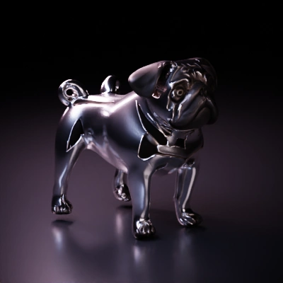 Metallic pug sculpture, shiny and reflective.