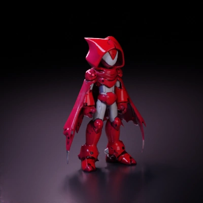 Robot character with cape, pointed hood, futuristic design, armored. metal boots, Glass Visor