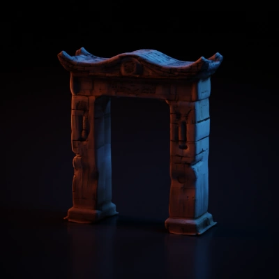 Broken ancient stone archway, historical artifact.