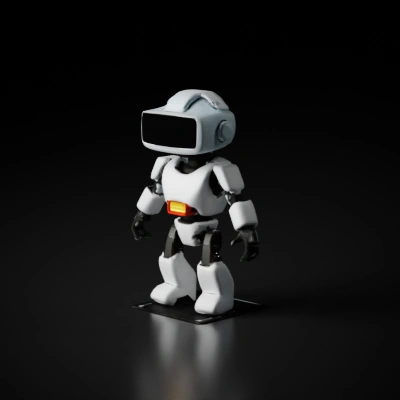 Robot with VR headset, humanoid shape.
