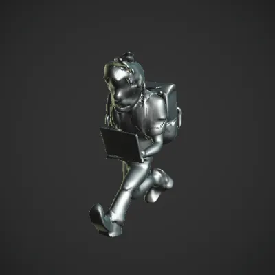 Frazzled man rushing with a laptop and backpack. character, complex geometry, smooth edges