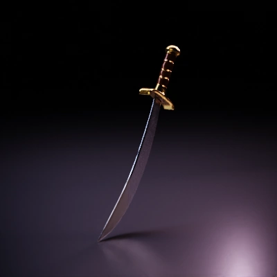 Curved single-edged sword with a guard, detailed handle.