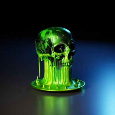 Melting skull with dripping ooze, eerie and unsettling.