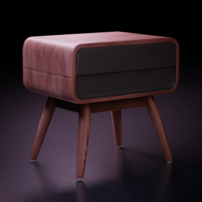 Mid-century modern nightstand with drawer, four legs.