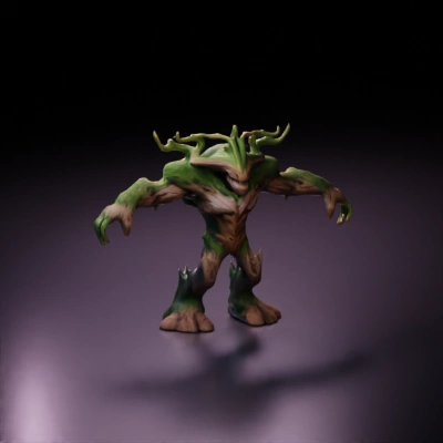 Tree-like humanoid creature, muscular, with bark and vines and yellow eyes
