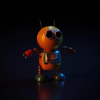 Cute robot with big eyes, playful design. with two hands and four legs