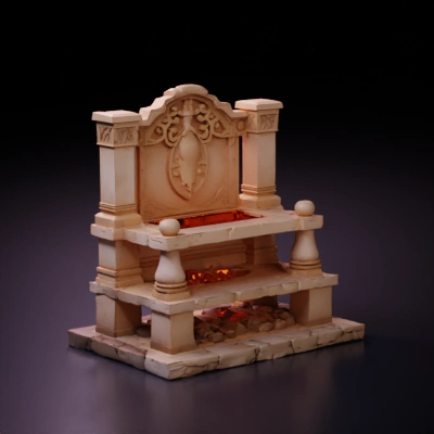 Ornate stone fireplace with fire.