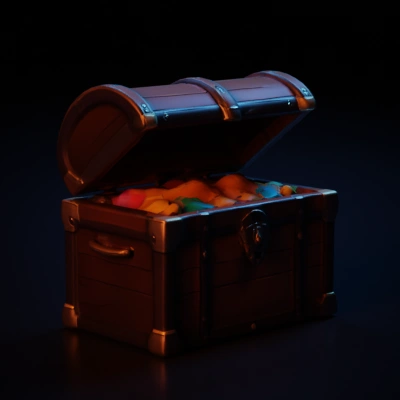 Treasure chest filled with colorful gems.