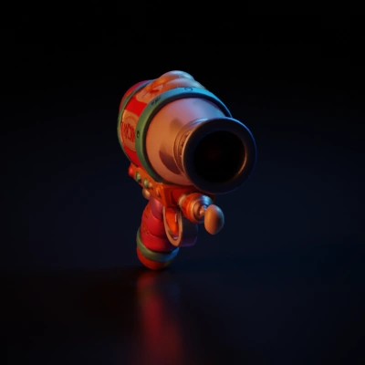 Popcorn gun with retro design, playful elements.
