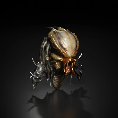 Alien creature with menacing appearance, dreadlocks, biomechanical elements.
