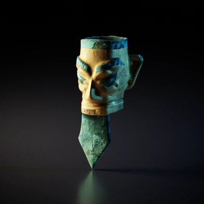 Ancient mask with large ears and intricate features.