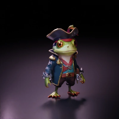 Pirate frog character with detailed attire.