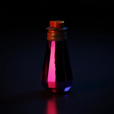 Mana potion in a glass bottle with a cork stopper.