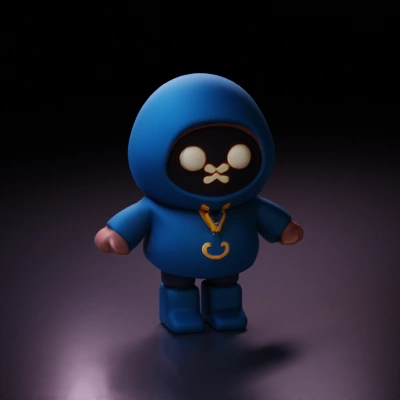 Robot-like character in hooded outfit.