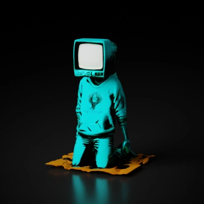 Humanoid figure with television for a head, kneeling position.